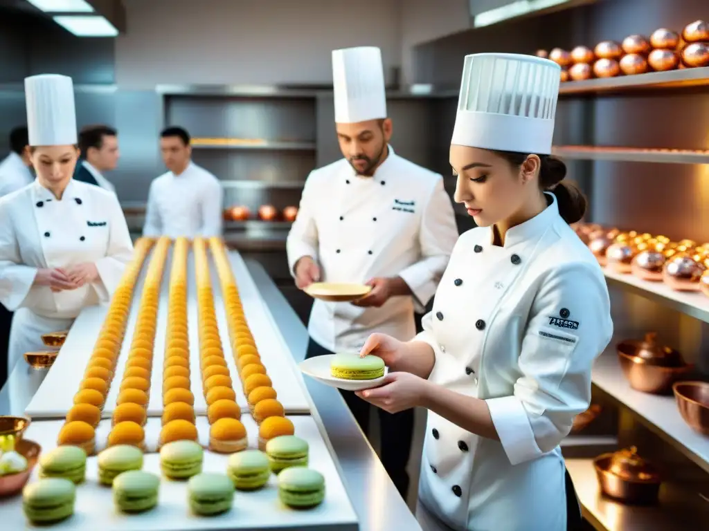 Una clase de cocina francesa con alumnos atentos a la escultura de azúcar, reflejando pasión y maestría culinaria