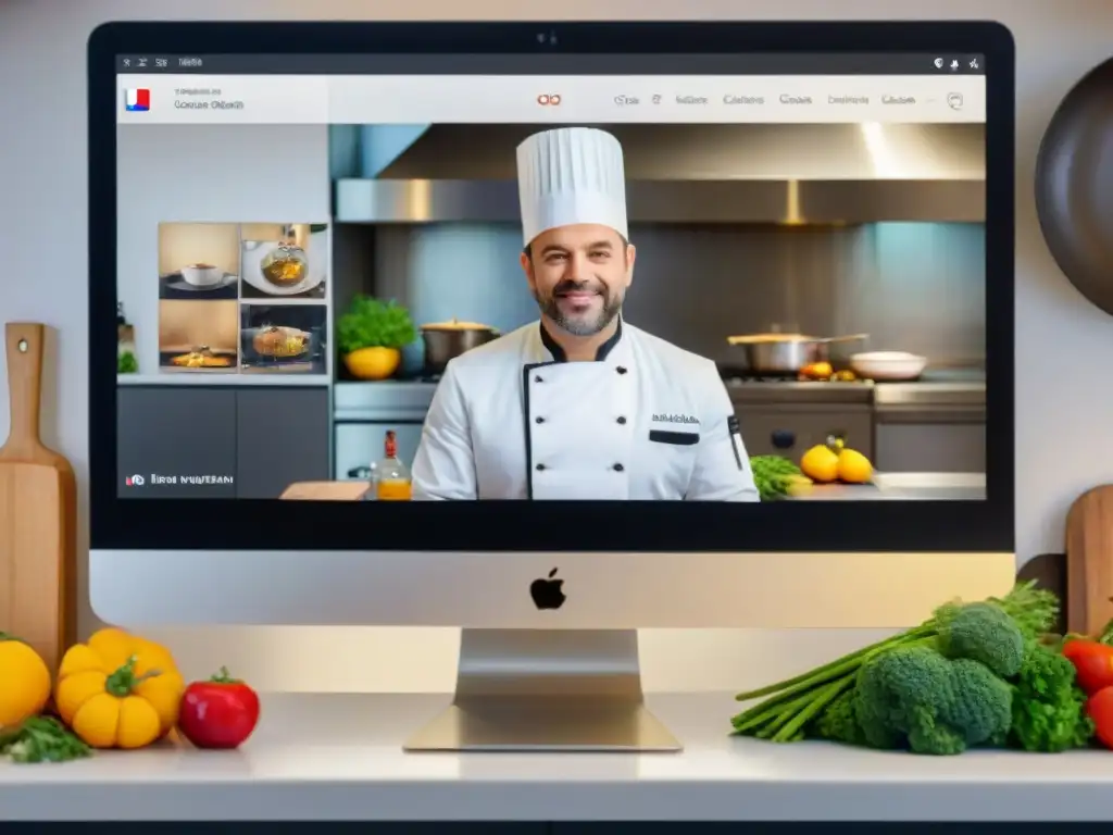 Una clase virtual de cocina francesa con participantes diversos aprendiendo y cocinando juntos