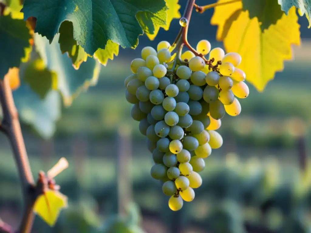 Cluster de uvas Chardonnay brillantes con rocío en viñedos de Champaña