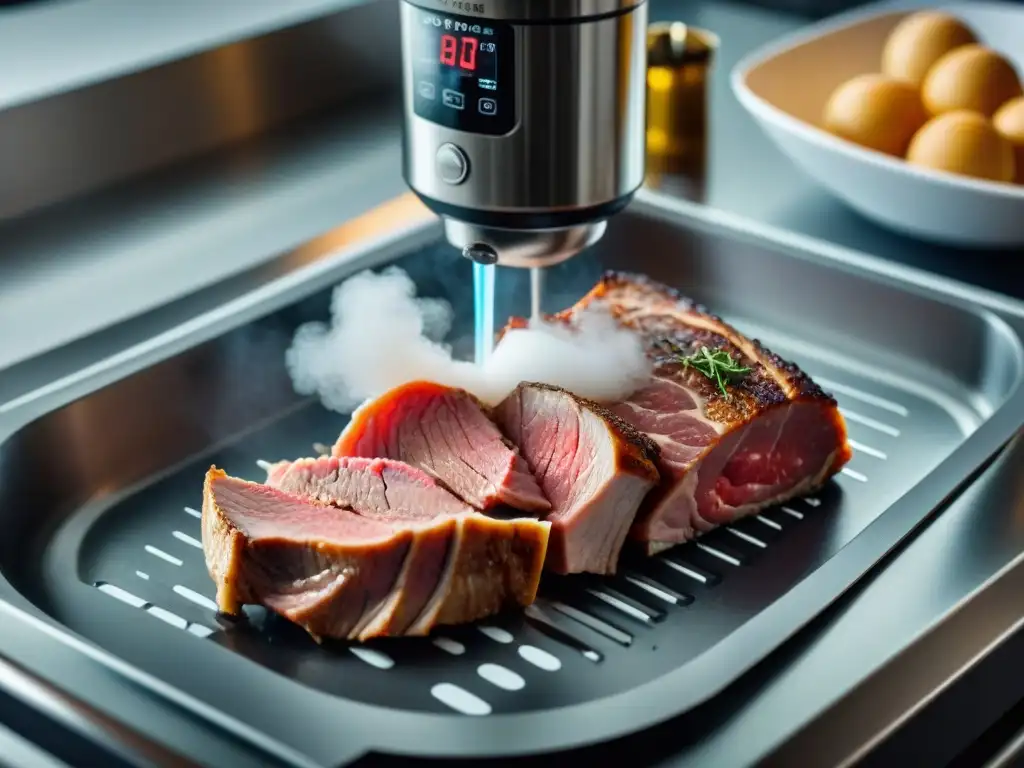 Cocción baja temperatura gastronomía francesa: Detalle de un circulador de inmersión sous vide en acción con carne perfectamente cocida en bolsa al vacío