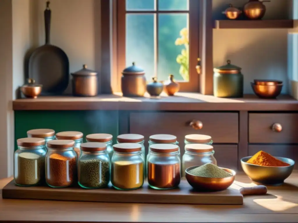 Una cocina alsaciana tradicional llena de especias coloridas en frascos vintage, con luz cálida sobre las encimeras de madera