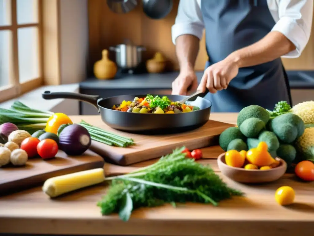 Una cocina alsaciana tradicional con Receta Baeckeoffe guiso alsaciano: mesa rústica con vegetales, hierbas aromáticas y utensilios de cocina