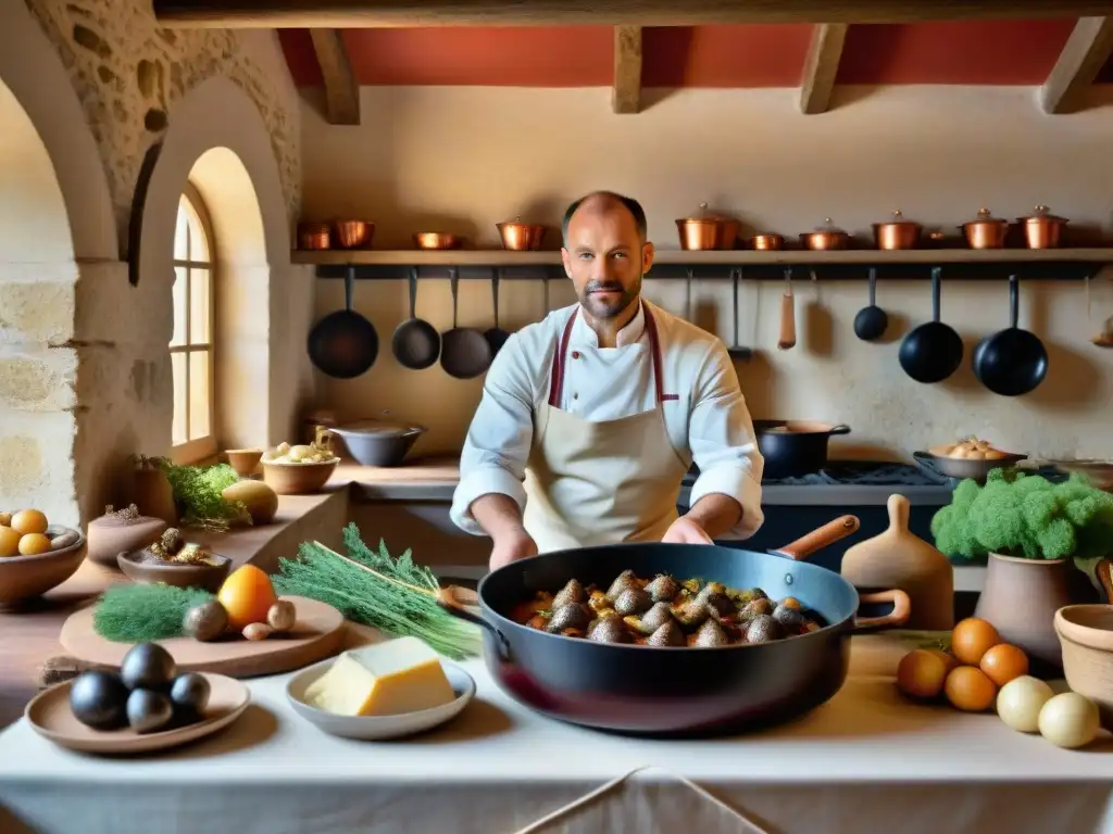 Una cocina borgoñesa tradicional en el campo francés, con productos locales y un chef preparando Coq au Vin