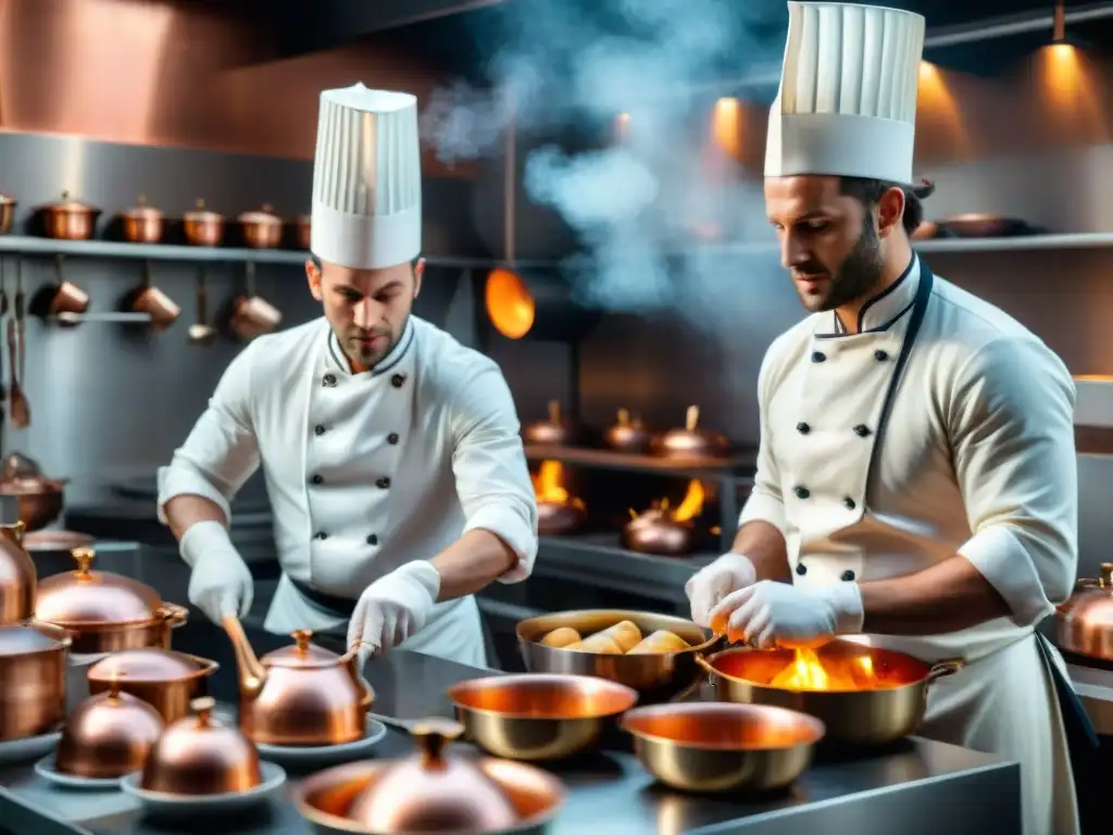 Cocina bulliciosa de un bistró francés en la Revolución Francesa con chefs preparando platos elaborados