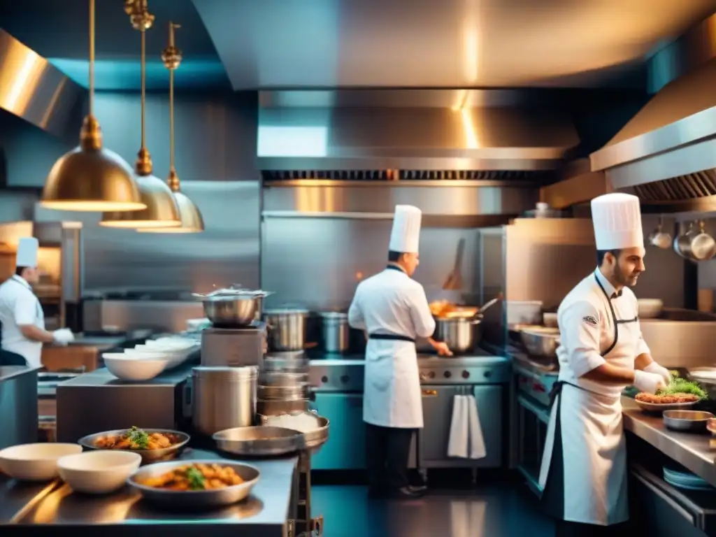 Cocina bulliciosa de un bistró francés durante la cena, chefs preparando platos y camareros atendiendo mesas