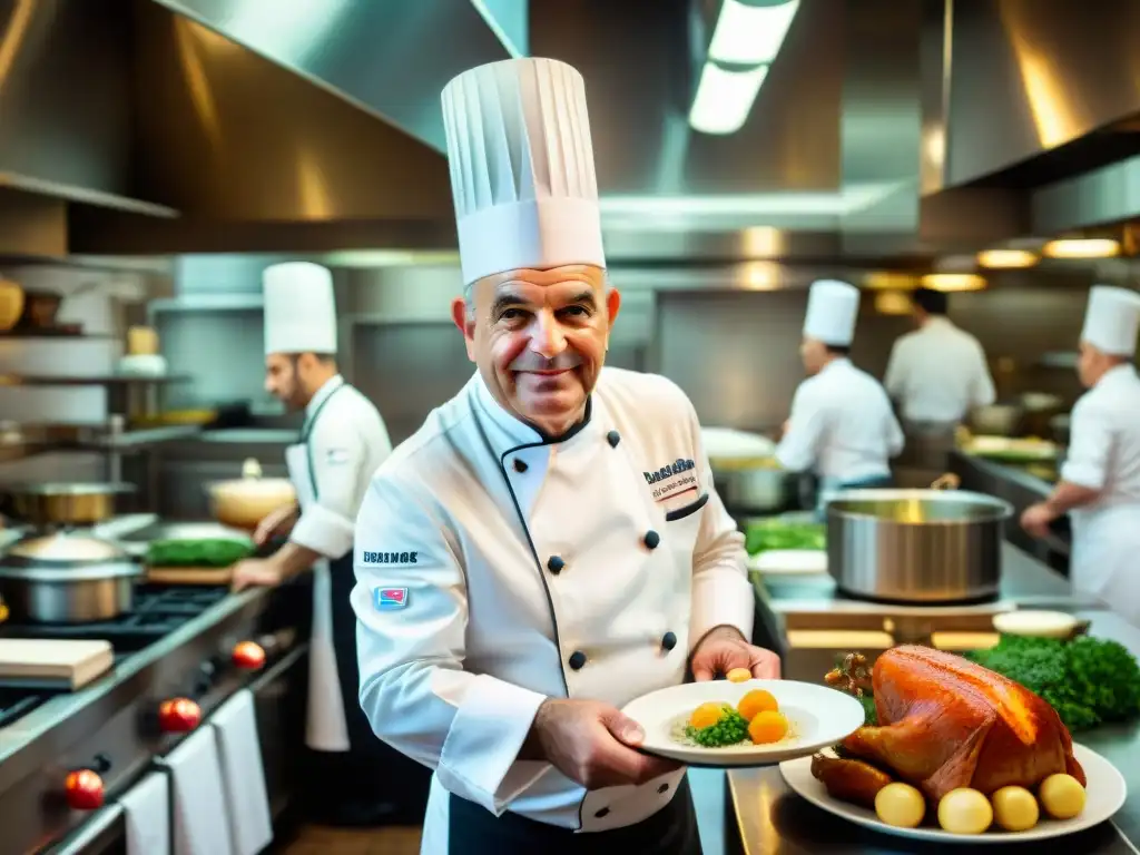 Paul Bocuse, chef icónico, supervisa cocina bulliciosa con chefs preparando platos franceses