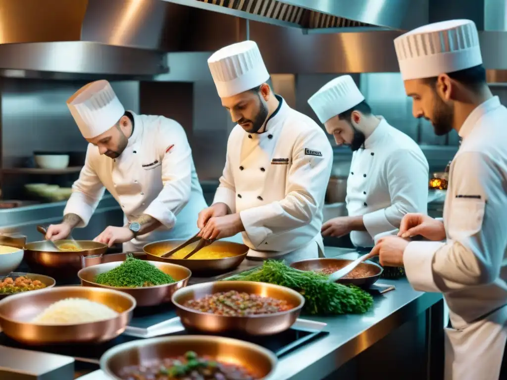 Cocina bulliciosa de chefs preparando platos tradicionales de Borgoña con influencia cultural, en un ambiente cálido y auténtico