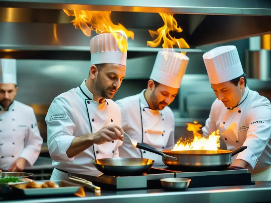 Cocina bulliciosa de restaurante estrella Michelin en Francia, chefs en acción con precisión culinaria