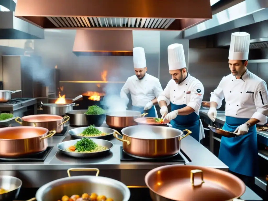 Cocina bulliciosa de restaurante francés con chefs innovadores