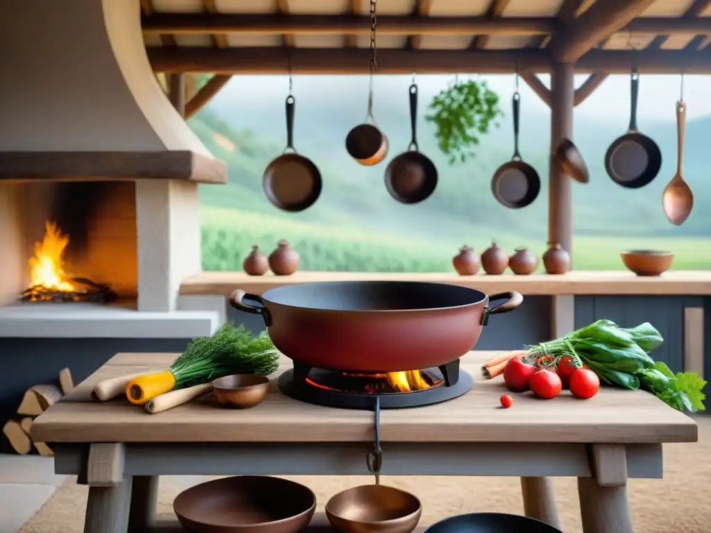 Una cocina campesina en Borgoña con utensilios tradicionales, ingredientes frescos y un chef preparando Coq au Vin sobre el fuego