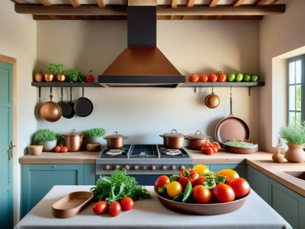 Una cocina campesina en Borgoña con verduras frescas y una estufa de hierro fundido, creando una atmósfera rural y acogedora