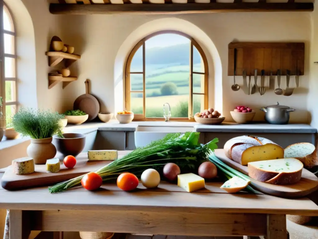 Una cocina campesina en Francia llena de ingredientes tradicionales: hierbas frescas, vegetales, quesos, pan y embutidos