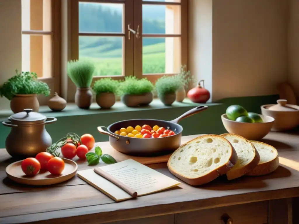 Una cocina campesina en Borgoña: mesa de madera con tomates, setas, hierbas y pan, olla de cobre al fuego y libro de recetas