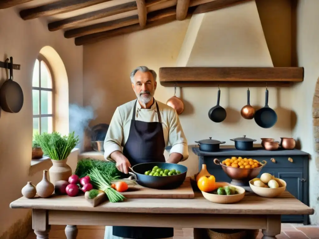 Un rincón de cocina campesina en Borgoña: mesa de madera con vegetales, hierbas frescas, cazuelas de cobre y un campesino preparando Coq au Vin