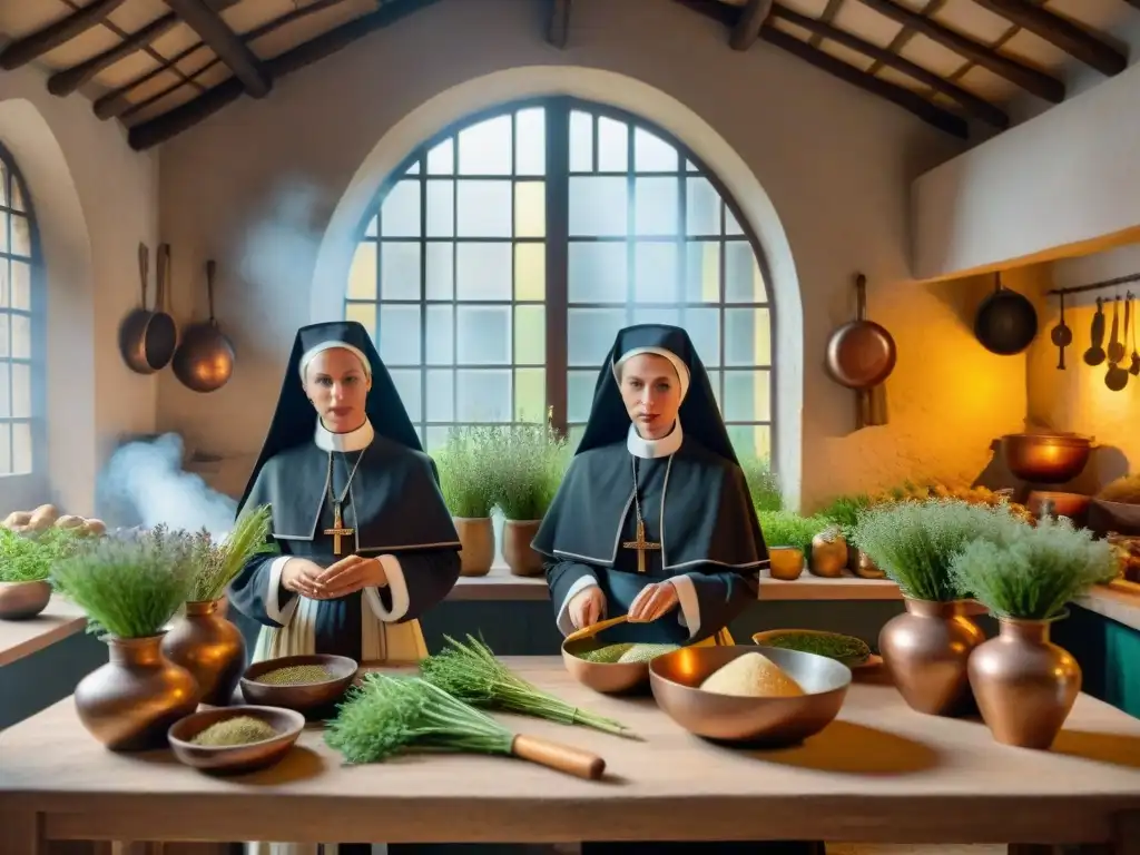 En la cocina del convento del siglo XVII, nuns preparan ingredientes sagrados, reflejando la influencia religiosa en gastronomía francesa