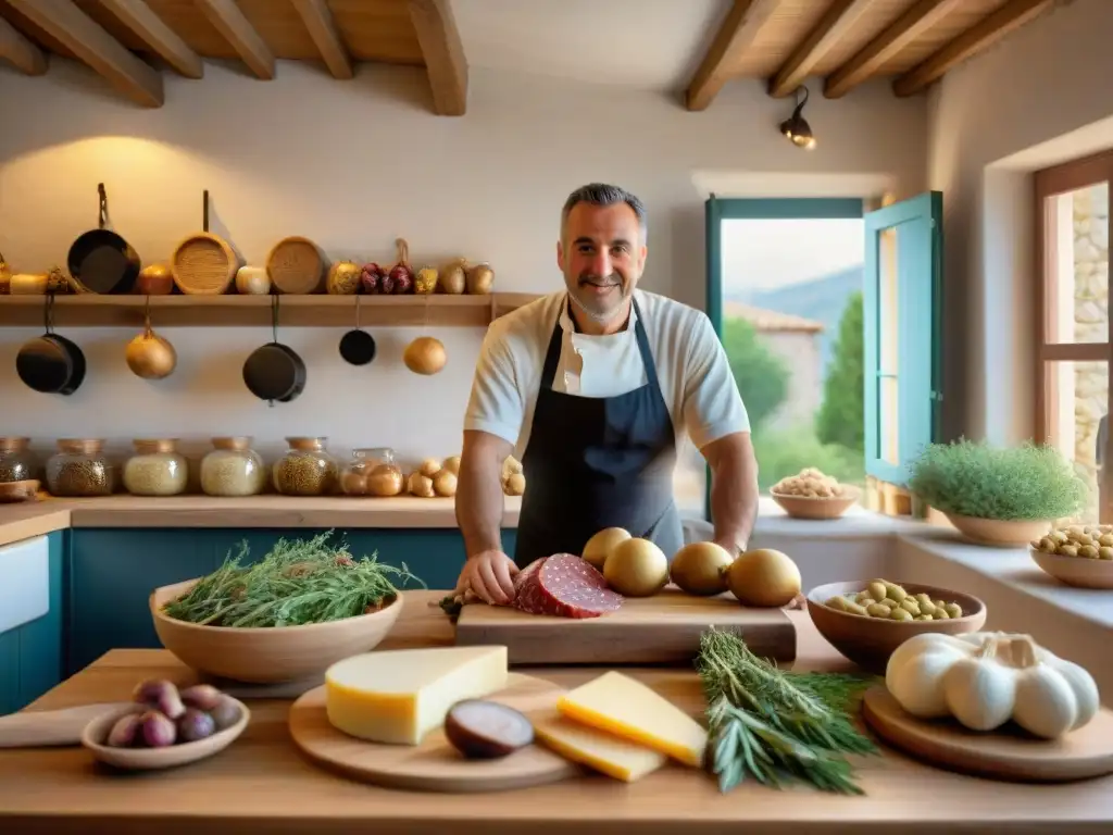 Una cocina corsa tradicional y moderna rebosante de actividad culinaria, con delicias locales y un chef preparando plato característico