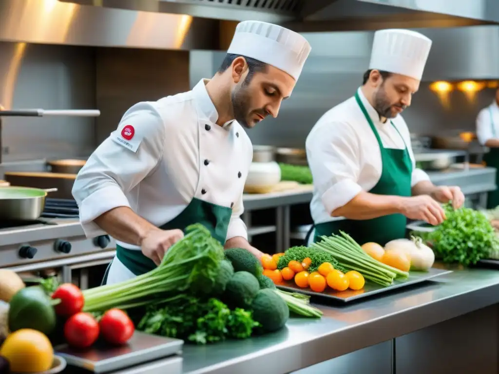 Cocina ecofriendly de restaurante francés, chefs preparan platos con ingredientes orgánicos, vibrantes y sostenibles