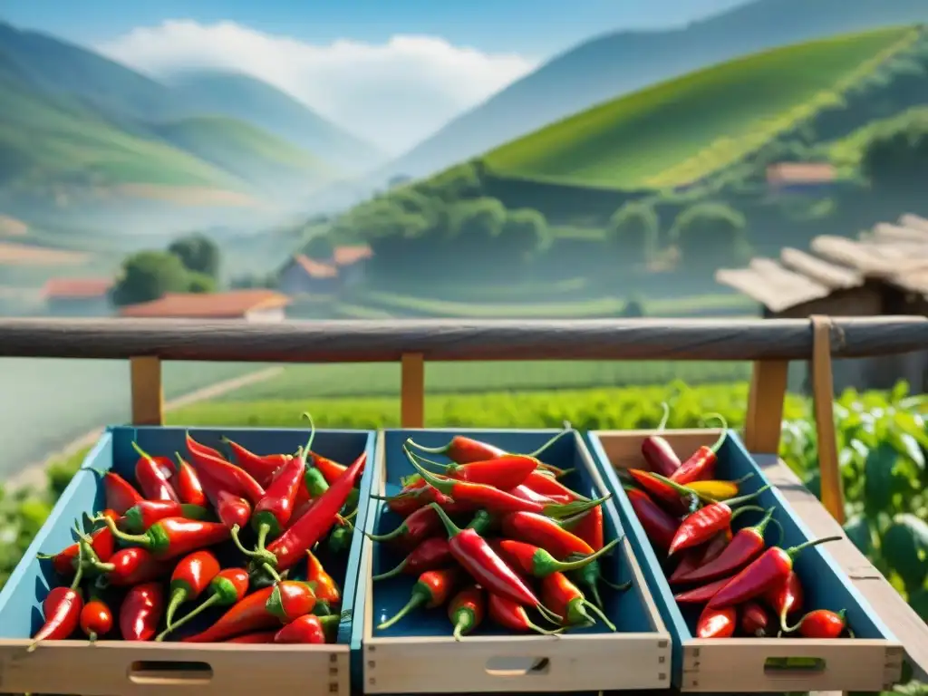 Pimienta de Espelette en cocina: Escena vibrante con pimientos rojos secándose al sol, resaltando colores y texturas en entorno rural