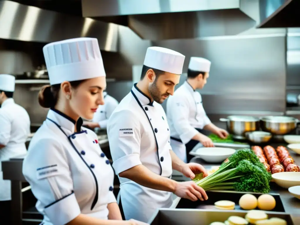 Una cocina escolar francesa bulliciosa y detallada, fusionando tradición e innovación culinaria con tecnología