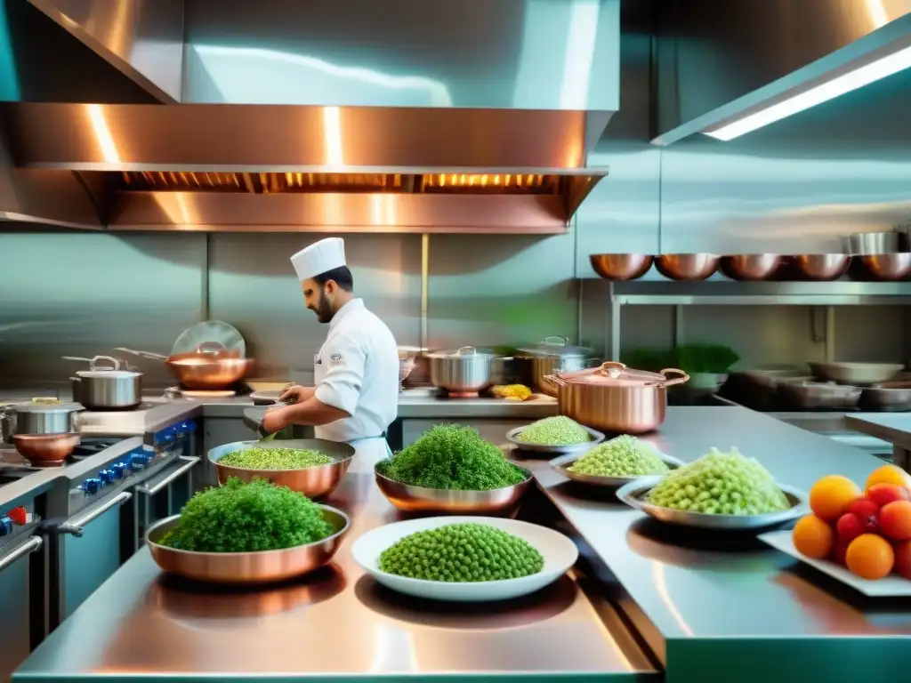 En una cocina de escuela culinaria francesa, alumnos preparan platos con precisión y arte, bajo la mirada de instructores