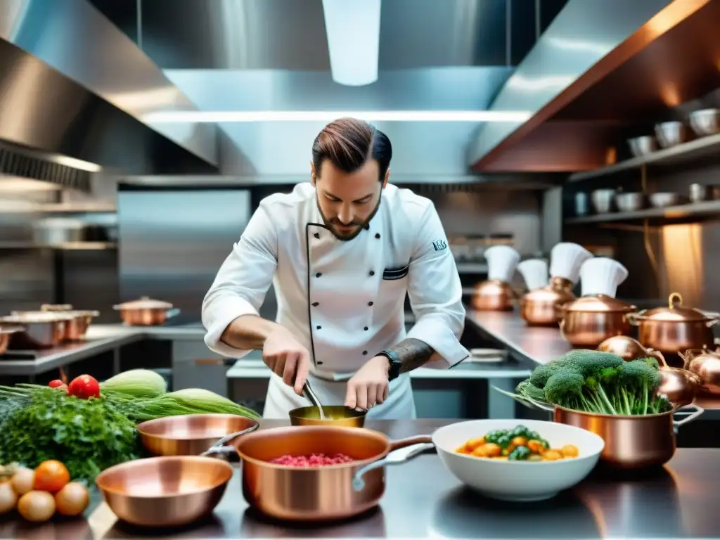 Cocina de escuela culinaria francesa: chefs preparando platos clásicos rodeados de ingredientes frescos