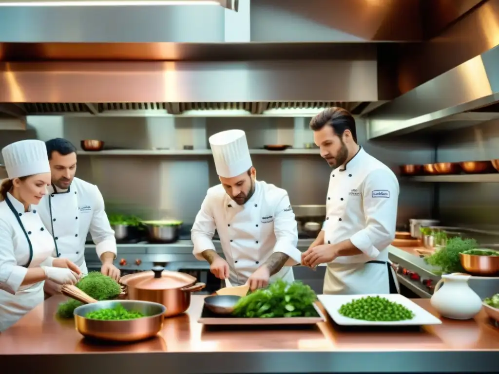 Una cocina de escuela culinaria en Francia llena de actividad, donde chefs en formación preparan platos con precisión y arte