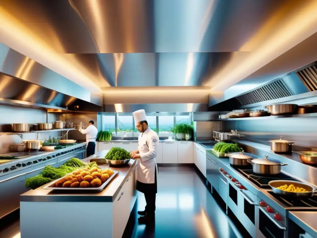 Cocina Michelin estelar: chefs en acción, ambiente organizado y vibrante