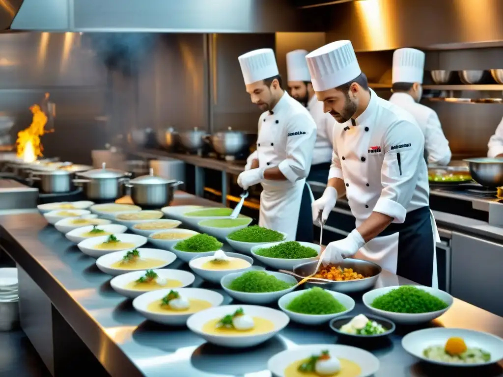 Cocina estrella Michelin: chefs preparando exquisitos platos con técnicas innovadoras y precisas