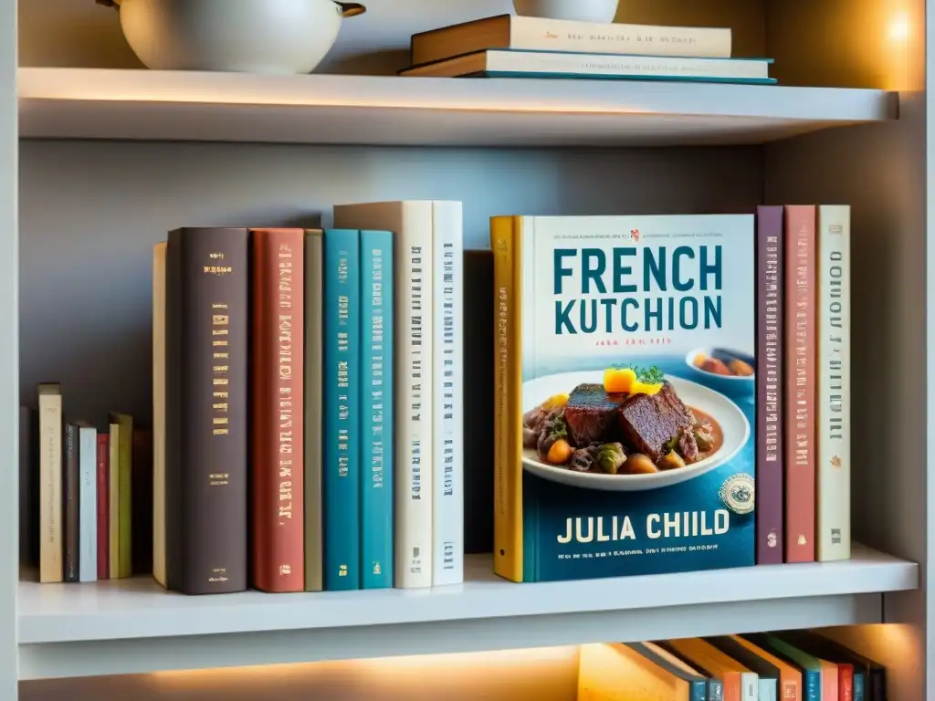 Una cocina francesa acogedora llena de libros de cocina francesa recomendados, desgastados por el uso y llenos de tradición culinaria