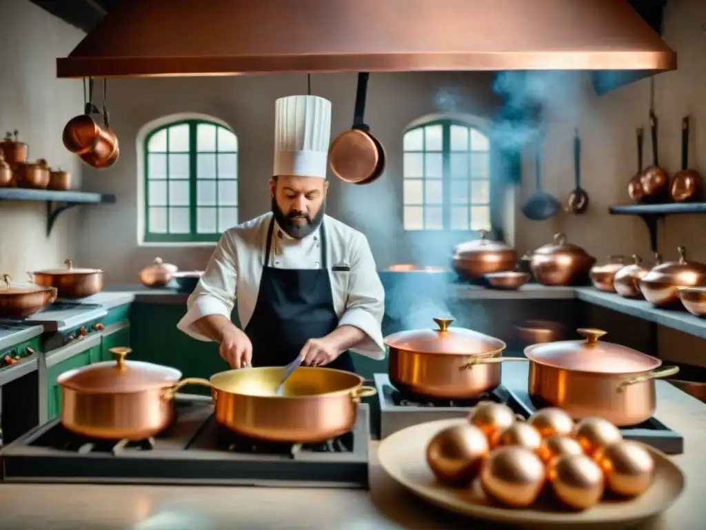 Cocina francesa de antaño con influencia de sus orígenes, chef preparando plato complejo ante aristócratas