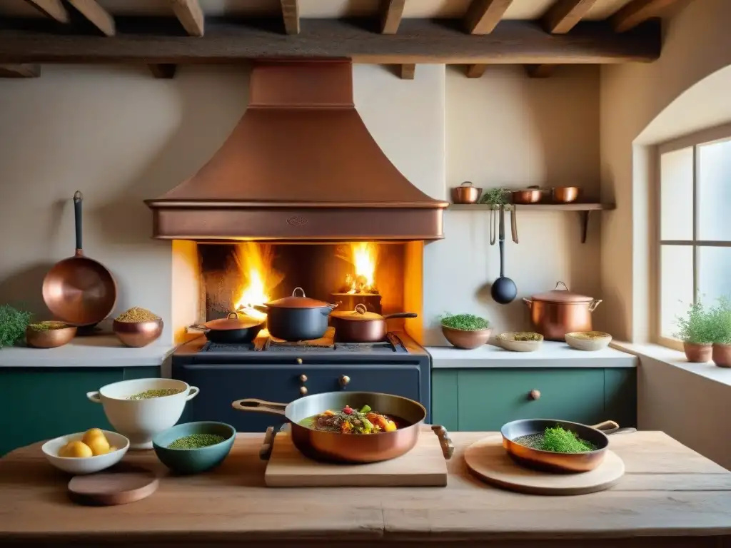 Cocina francesa antigua: tradición culinaria en imágenes Una cocina francesa antigua con utensilios de cobre, fogata y un libro de recetas, evocando la innovación en gastronomía francesa