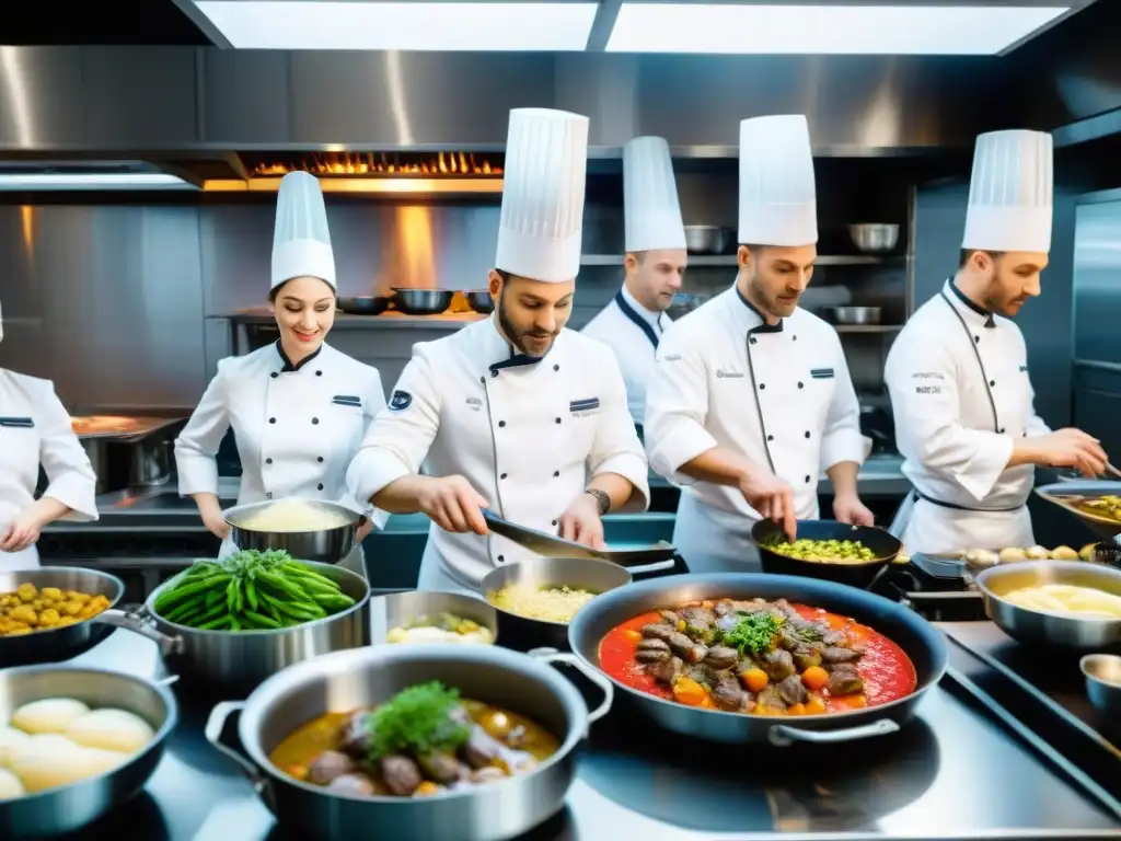 Una cocina francesa bulliciosa con chefs preparando platos clásicos, reflejando la combinación de tradición e innovación