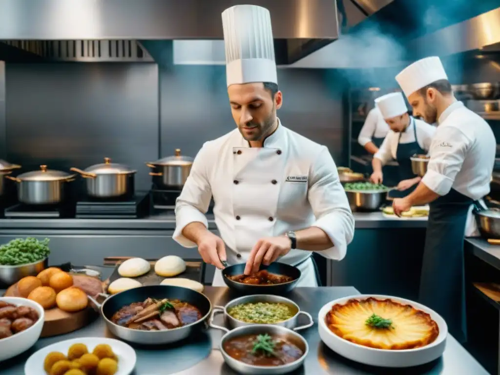 Una cocina francesa bulliciosa con chefs preparando platos clásicos