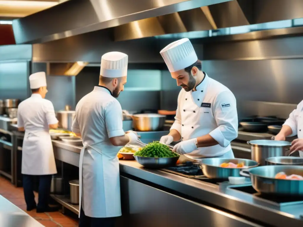 Cocina francesa bulliciosa con chefs preparando platillos de mar, en un ambiente elegante y acogedor