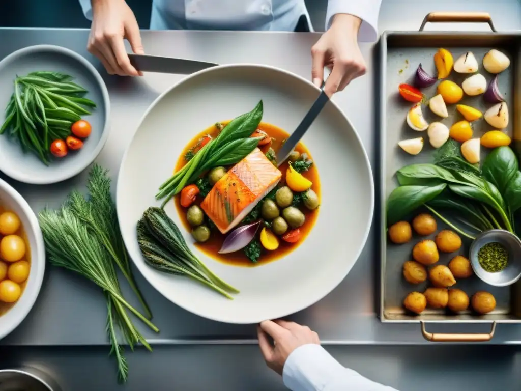 Una cocina francesa bulliciosa en Provence, chefs preparando Ratatouille con Pescado