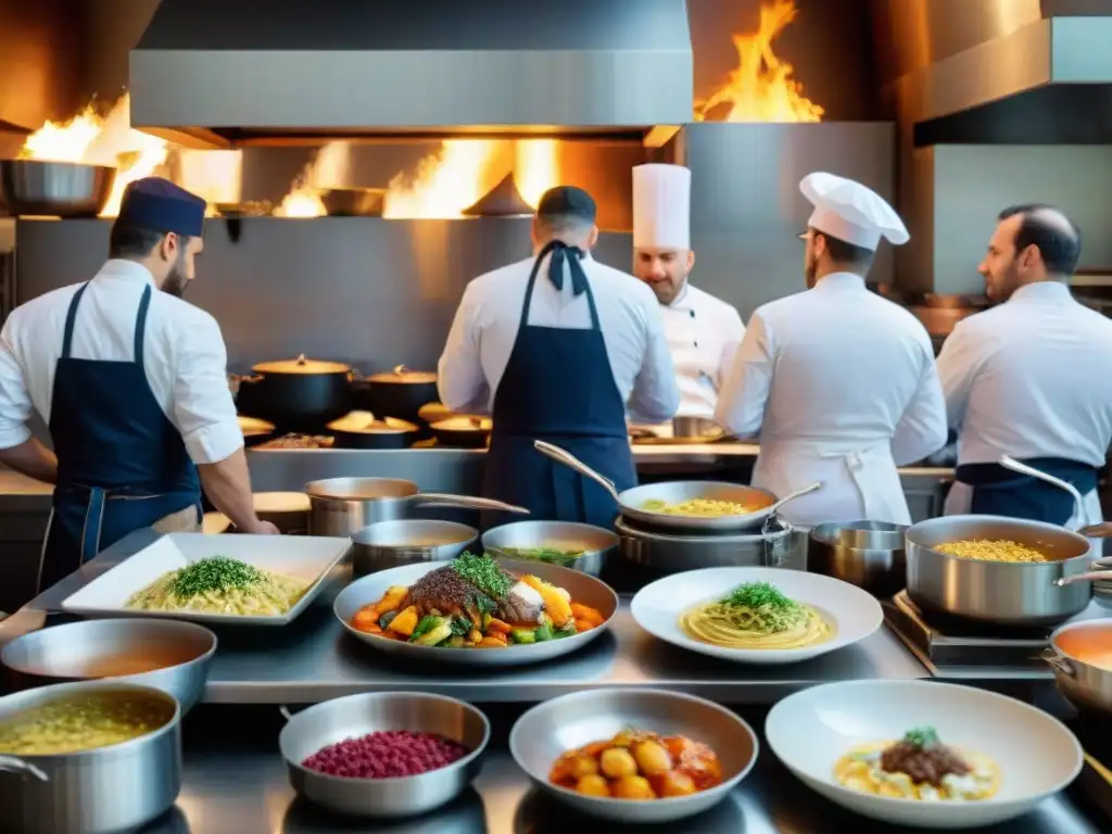 Cocina francesa bulliciosa, chefs preparando platos tradicionales con pasión y precisión