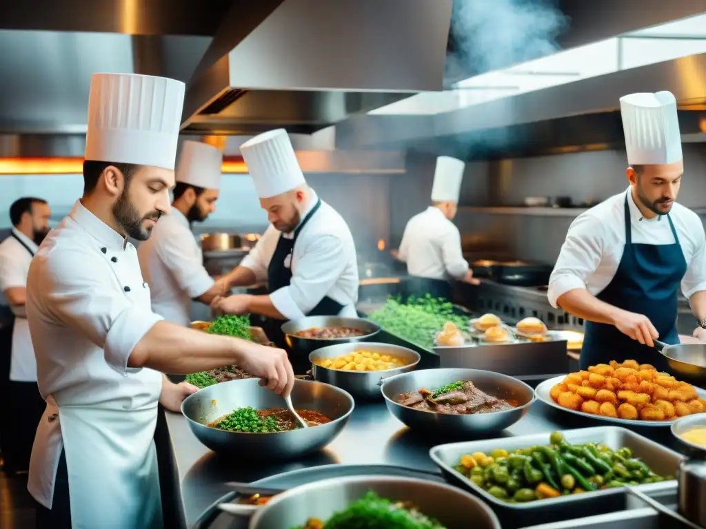 Una cocina francesa bulliciosa con chefs preparando platos clásicos como coq au vin y ratatouille