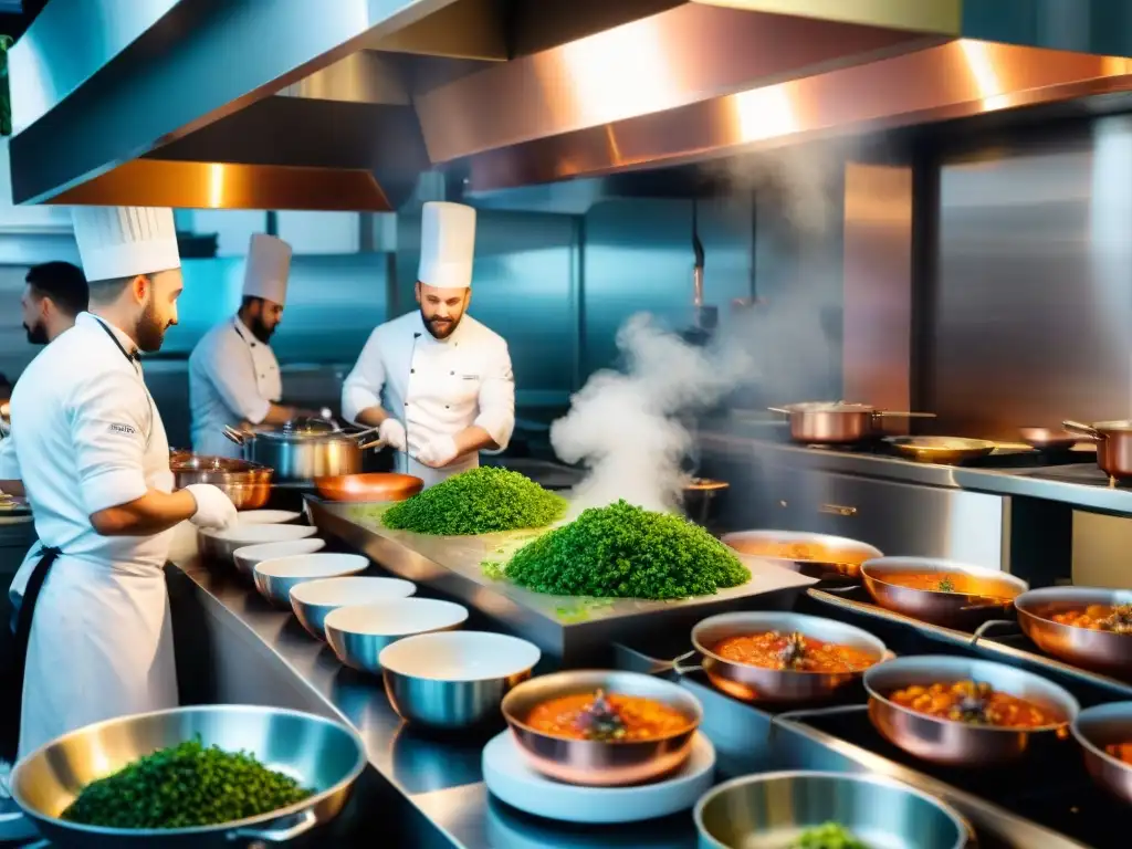 Cocina francesa bulliciosa con chefs preparando platos clásicos, ideal para software gestión restaurantes comida francesa