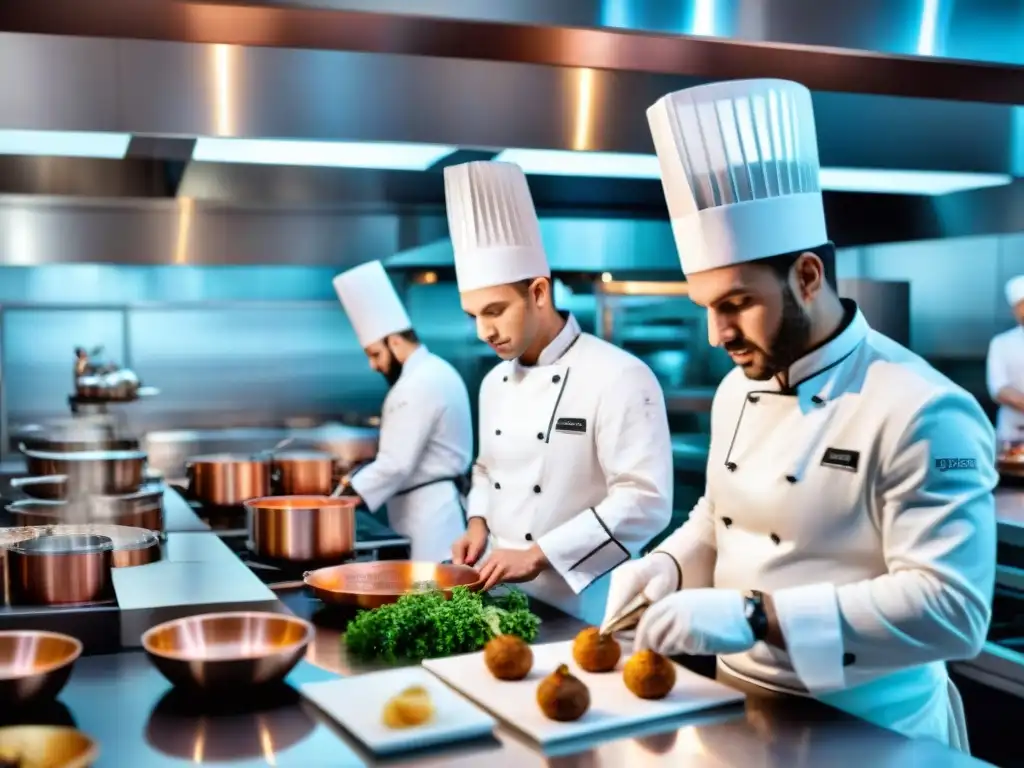 Cocina francesa bulliciosa con chefs, software culinario innovador Francia