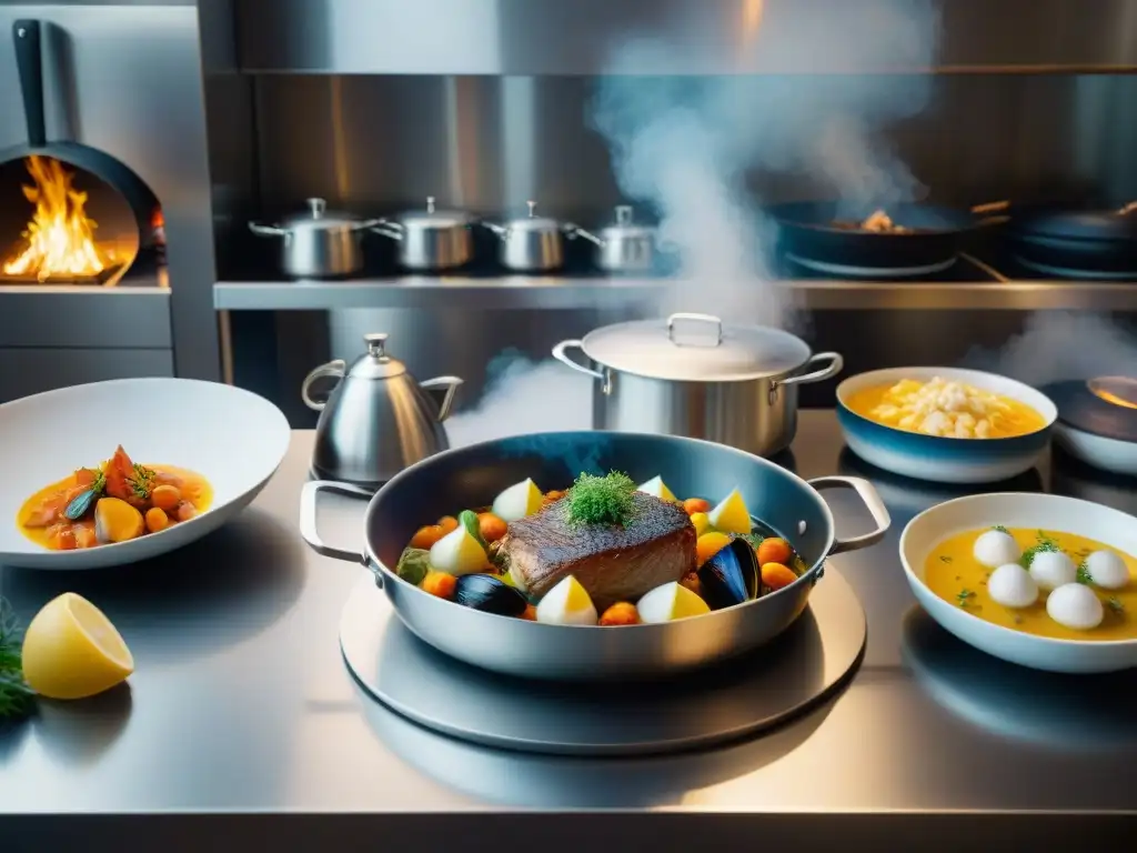 Una cocina francesa bulliciosa con chefs preparando platillos icónicos