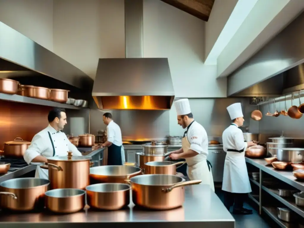 Cocina francesa en una bulliciosa escuela culinaria de París en los años 50, ilustrando la evolución escuelas culinarias francesas