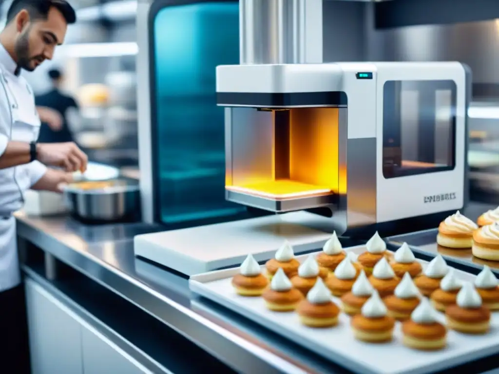 Una cocina francesa bulliciosa donde una impresora 3D crea pastelería fina con precisión