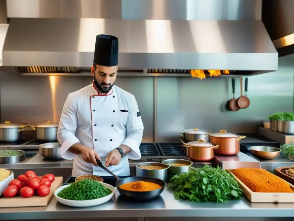 Una cocina francesa bulliciosa con influencia árabe: chefs preparan platillos fusionados, ingredientes frescos y vibrantes