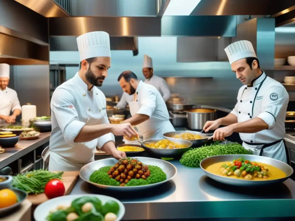 Una cocina francesa bulliciosa durante el servicio de cena, con chefs preparando platos innovadores