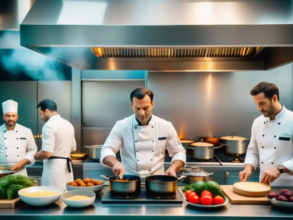 Cocina francesa con chefs preparando Coq au Vin y Ratatouille