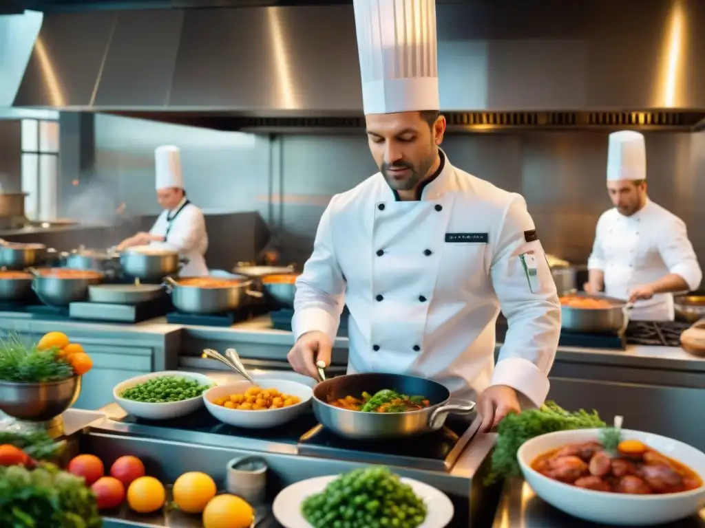 Cocina francesa con chefs en acción preparando platillos clásicos