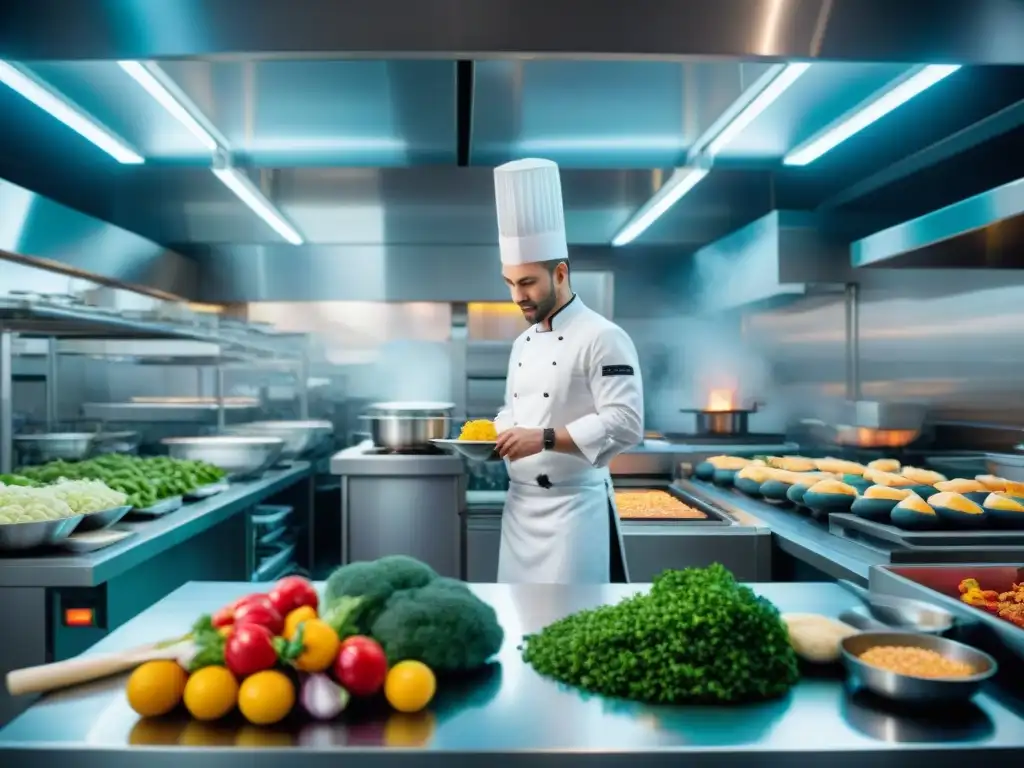 Cocina francesa: chefs y robots AI cortando vegetales, fusionando influencia cultural e inteligencia artificial