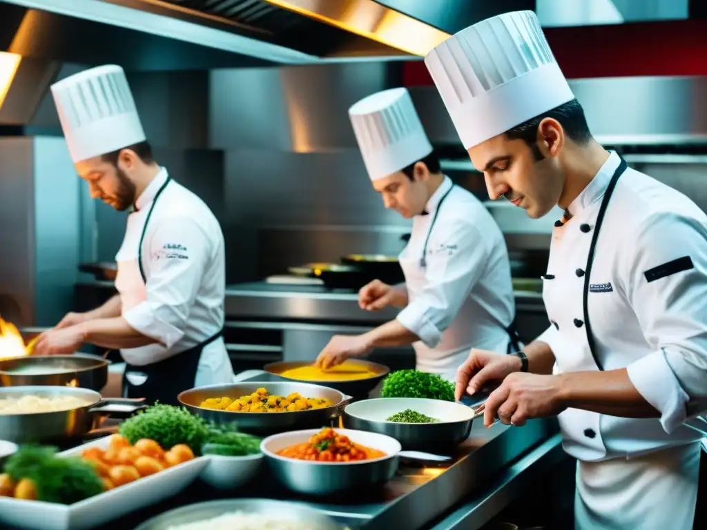 Cocina francesa contemporánea con chefs en uniformes blancos creando platos, reflejando la evolución de la Nouvelle Cuisine en gastronomía francesa