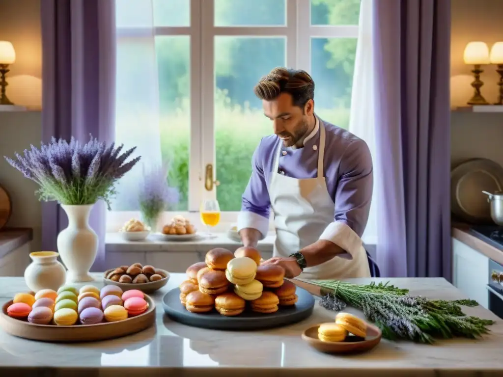 Un rincón de la cocina francesa con delicias recién horneadas y un chef experto en aplicaciones para cocinar recetas francesas