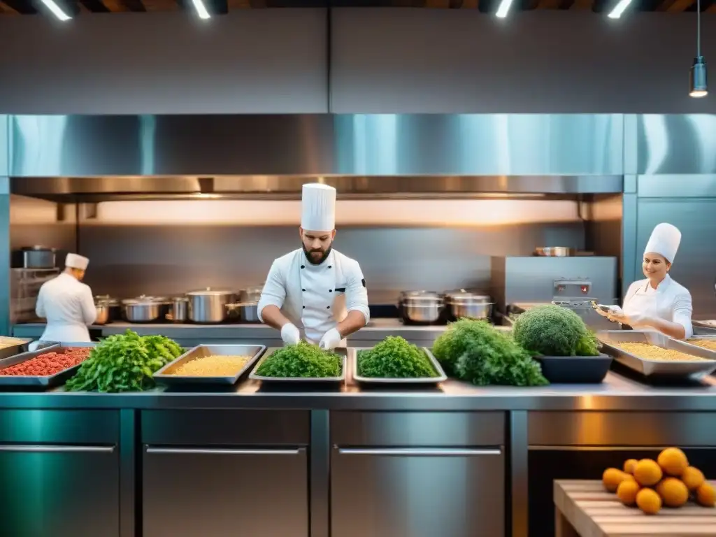 Cocina francesa cero desperdicios con chefs preparando platos y prácticas sostenibles